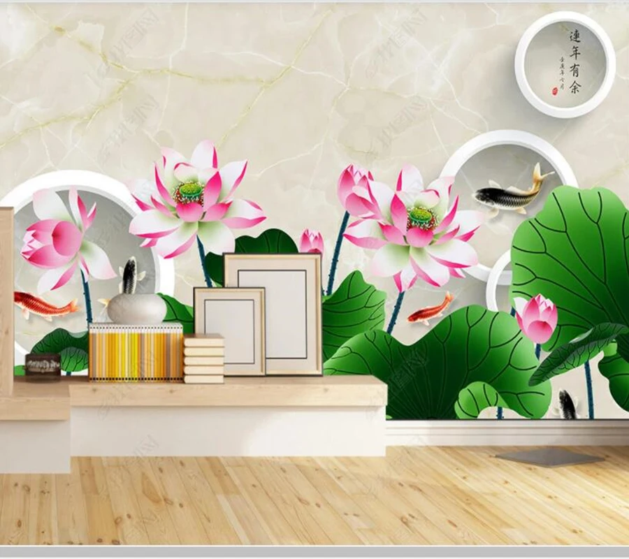 

Papel de parede Chinese style goldfish lotus geometric 3D wallpaper mural,living room tv wall bedroom wall paper home decor