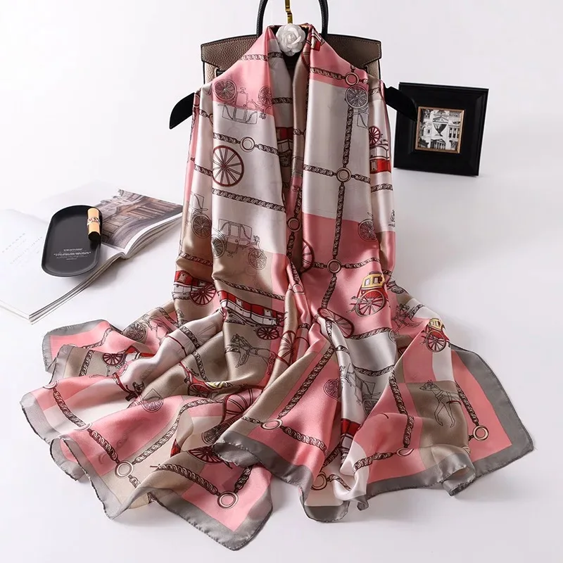 Popular 180X90CM Silk Scarf Female Foulard Echarpe Bandana Beach Hijab Summer New Big Print Shawl Wrap Beach Pareo Muffler