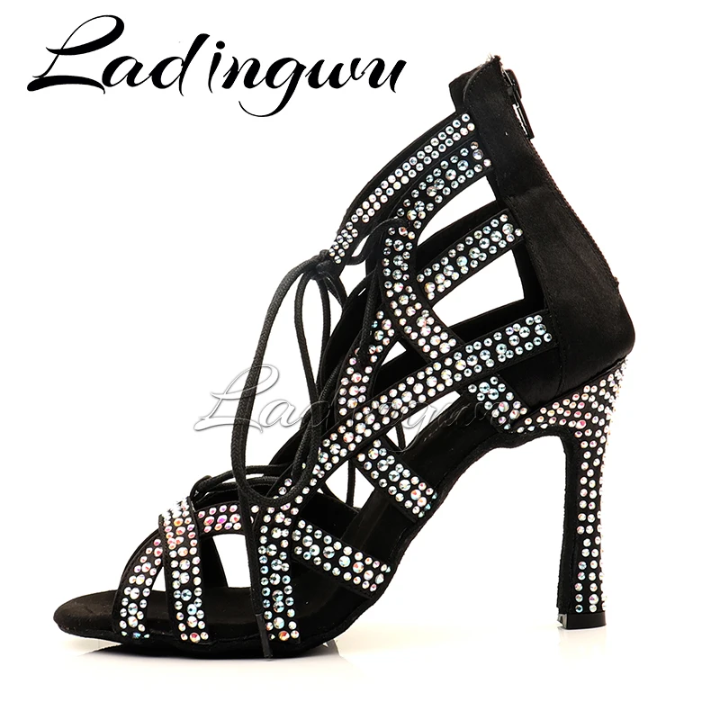 Ladingwu Latin Dance Boots Women Ballroom Salsa Dance Shoes Large and Small Rhinestones Comfortable to Adjust  Strap Dance Shoes