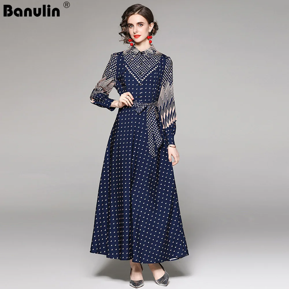 Banulin Runway Woman Spring Maxi Dress Turn-down Collar Shirt Dresses for Woman Elegant Belt Vintage Print Long Vestidos N68977