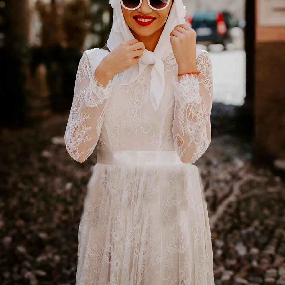 Vestido de casamento de renda de manga longa sheer uma linha feito sob encomenda barco pescoço mais tamanho rústico faixa romântico jardim bateau praia vestido de noiva