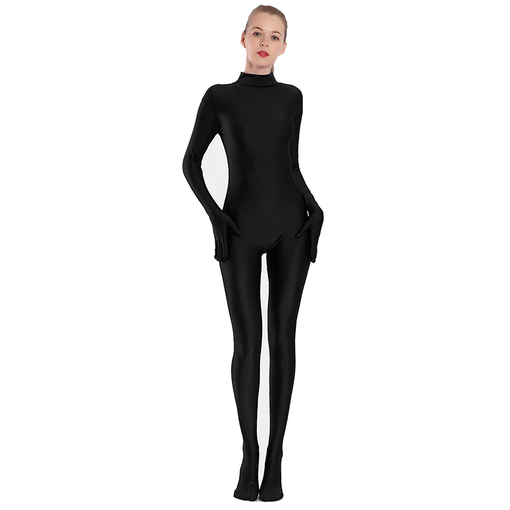 AOYLISEY adulto nero Spandex completo corpo Zentai tuta con piedi tuta Unisex donna mano Unitard pelle stretto Costume di Halloween