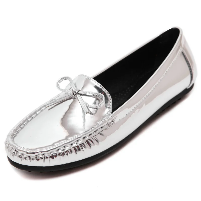 UMMEWALO Shoes Women Metallic Patent Leather Flat Shoes Casual Bow Loafer Shoes Ladies Rubber Sole Driving Moccasin