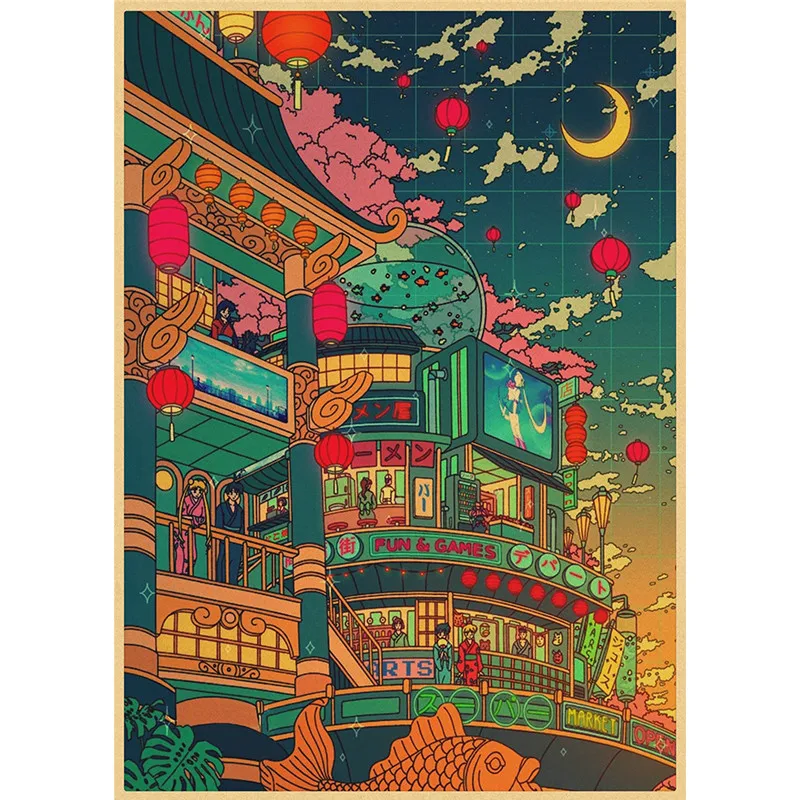 Comics Poster Night Moon Prints Cartoon Japan View Street Landscape Painting Wall Art Kraft Paper for Living Room Home Decor