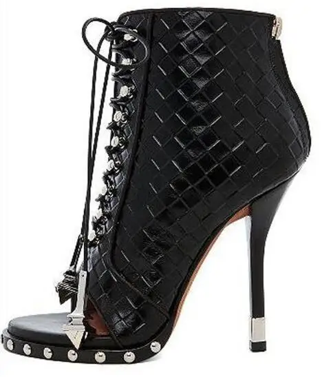 Newest Black White Grid Peep Toe Pattern Leather Lace-up Ankle High Heel Boots Woman Rivets Gladiator Short Booties Dress Shoes