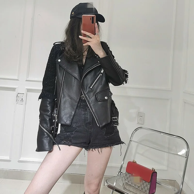 

Spliced Sheepskin Tassel Genuine Leather Biker Jacket Short Slim Zipper Pockets Hip Hop Fashion Vintage Womens Outerwear