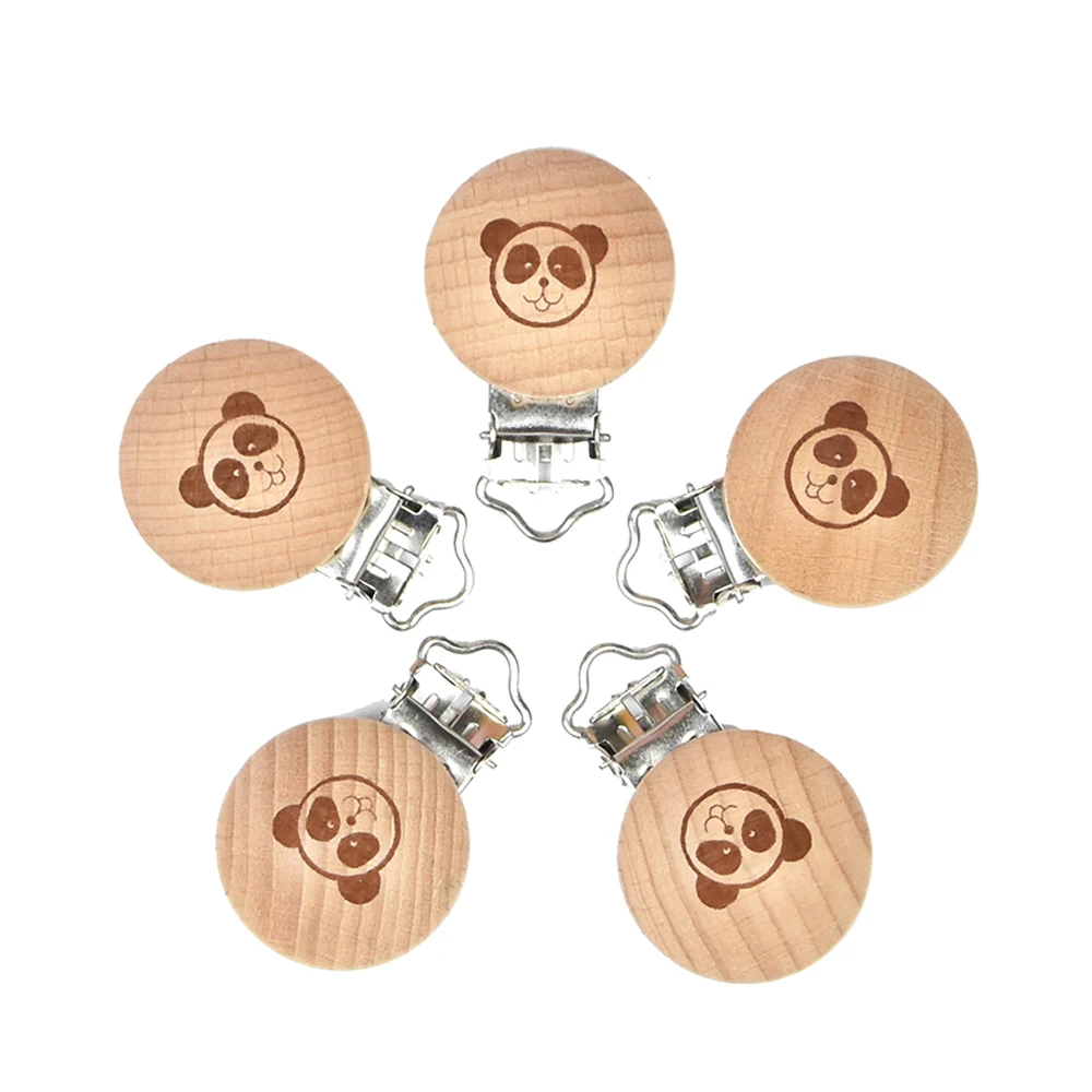 Mabochewing 10pcs 30mm 35mm Laser Patern Metal Steel Round Beech Wood Clips Baby Teethers Toys Pacifier Chain Holder Making