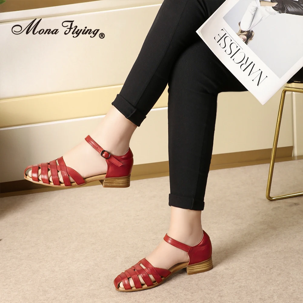 Mona Flying Women\' Sandals Genuine Leather Tatianna Closed Toe Low Heels Strappy Flats Summer Casual Ladies Shoes A068-135