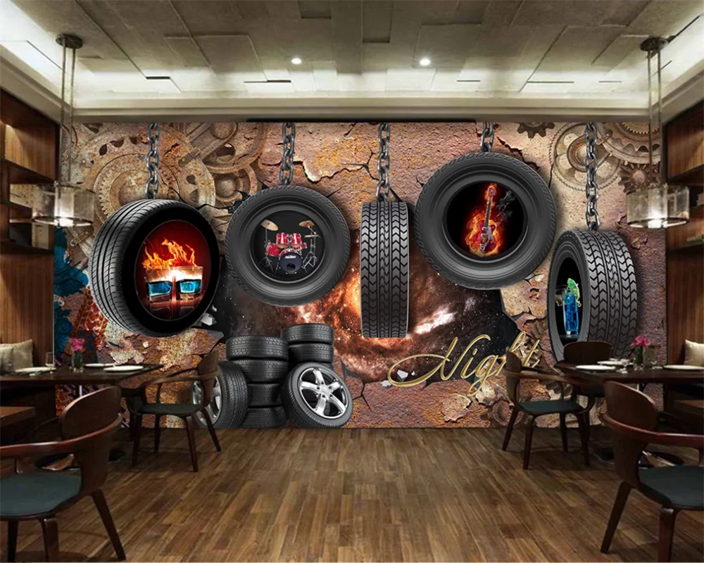 Custom 3D wallpaper mural retro rust gear tire bar car tooling background wall