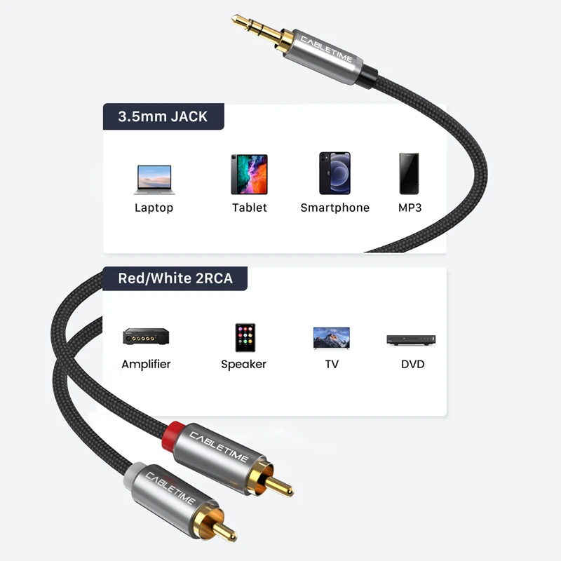 CABLETIME Jack 3.5Mm Ra 2 Đầu RCA Cáp M/M 3.5 RCA AUX Cáp Âm Thanh Stereo Cho DJ Âm Ly Loa Siêu Trầm bộ Trộn Âm Thanh Rạp Hát Tại Nhà DVD C106