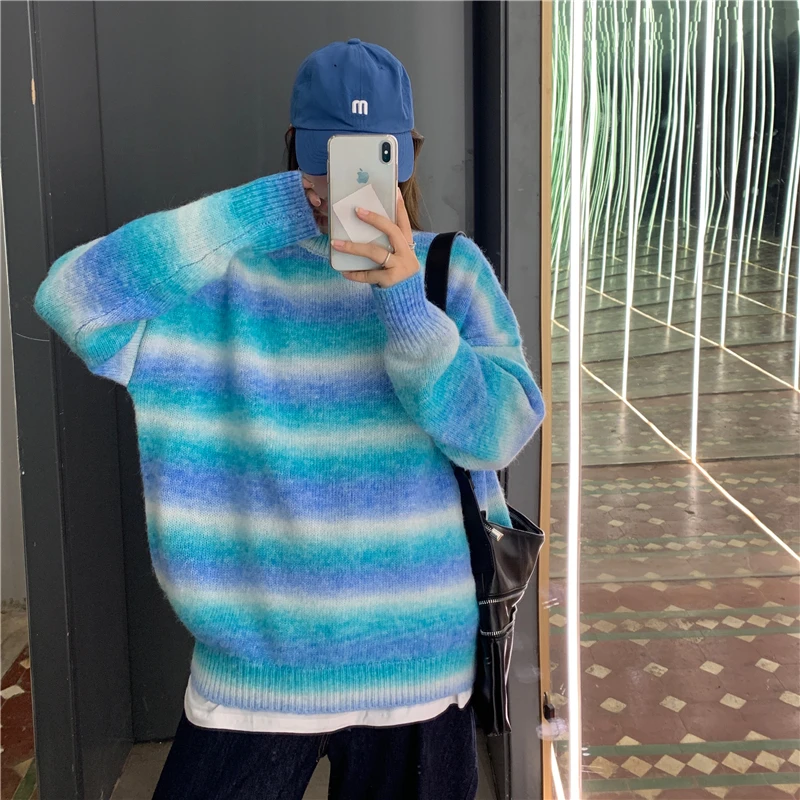 2023 Women Green and Blue Striped Sweater Winter O Neck Green Stripped Sweater Gradient Pullover Knitted Loose Long-sleeved Tops