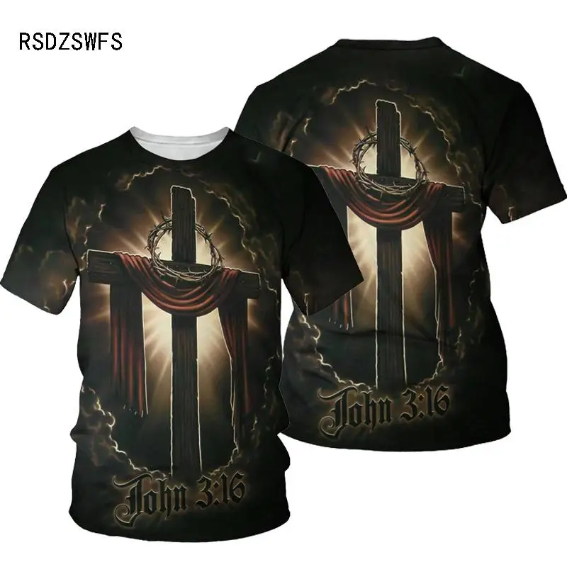 3D Cross Print Men T-shirt Jesus 2021 Summer O Neck Short Sleeve Tees Tops Christian Style Male Clothes Fashion Casual T-shirt