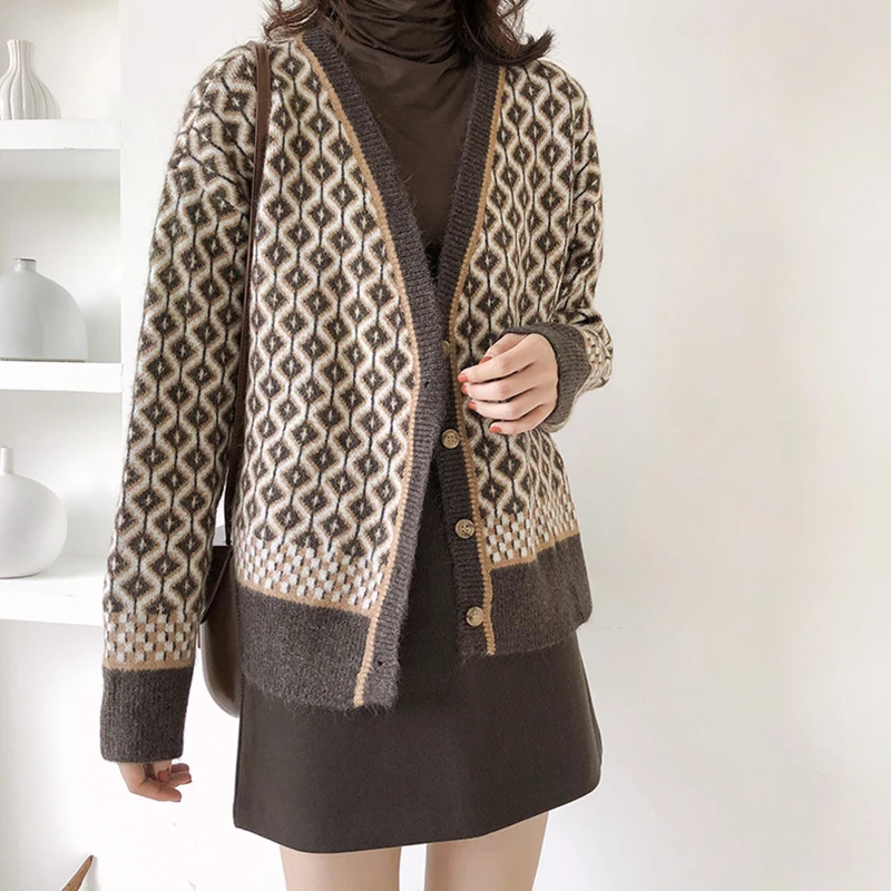 Cashmere Cardigan soft-waxy sweater coat spring retro lozenge-shaped Blazer Wool Jacket