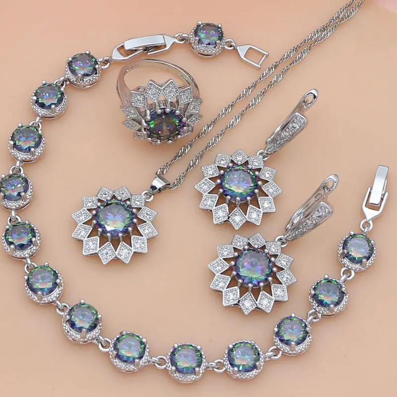 Strawberry Mystic Rainbow Zircon Silver 925 Jewelry Set Decorations For Women Earrings/Pendant/Ring/Bracelet/Necklace Set