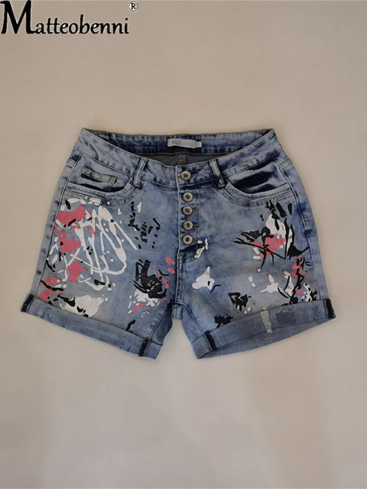 2025 weibliche Casual Böden Harajuku Vintage Streetwear Sommer Neue Tasten Frauen Denim Shorts Gewaschen Blume Drucken Jeans – Detail 7