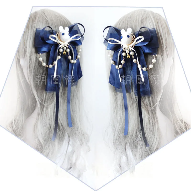 

Original Cute Rabbit Lolita Lolita Handmade Bow Tassel Purplish Blue Snow Yarn Pearl Bell Hair Accessories Hairpin