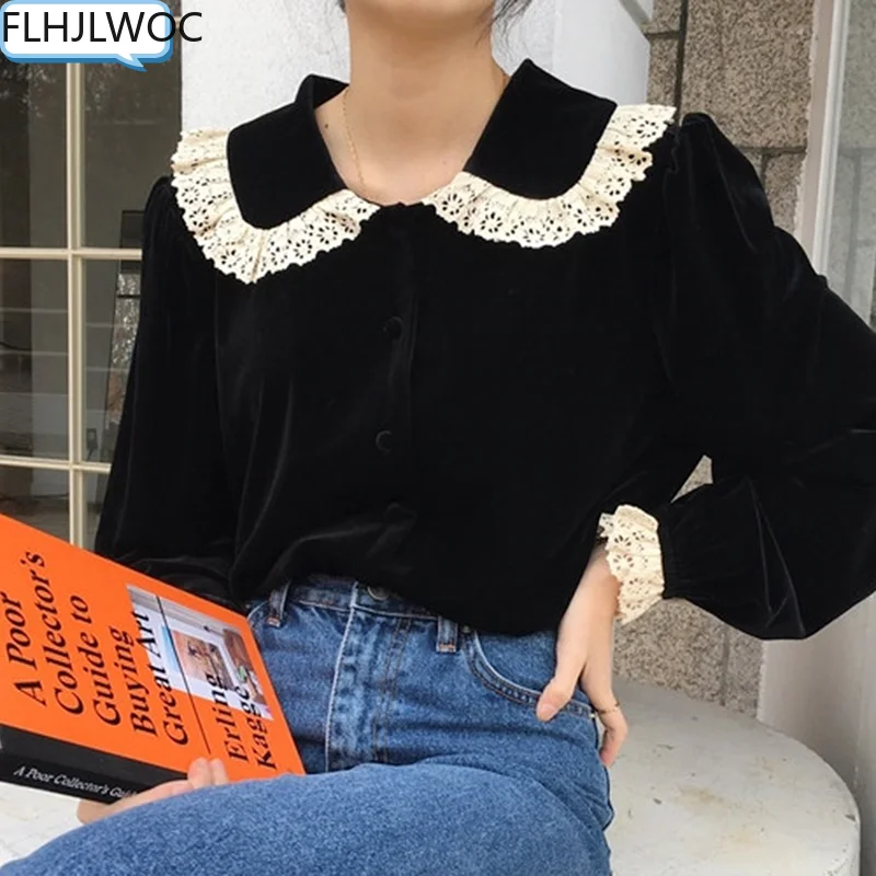 Chic Korea Tops Blusas Hot Women Winter Spring Single Breasted Button Black Velvet Cardigan Design Patchwork White Lace Shirts