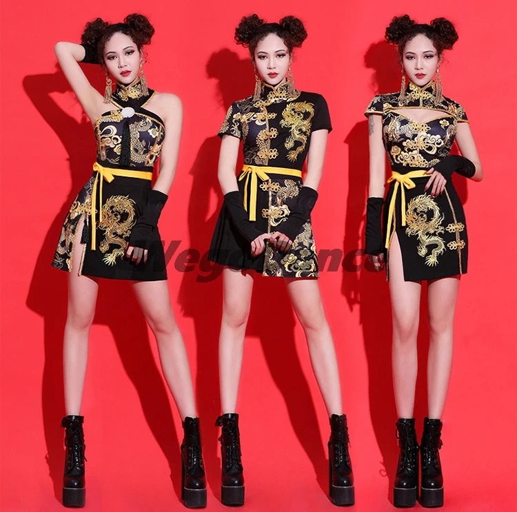 Women Jazz Costume Sexy Black Chinese Style Singer Dress Nightclub Gogo Dancer Wear