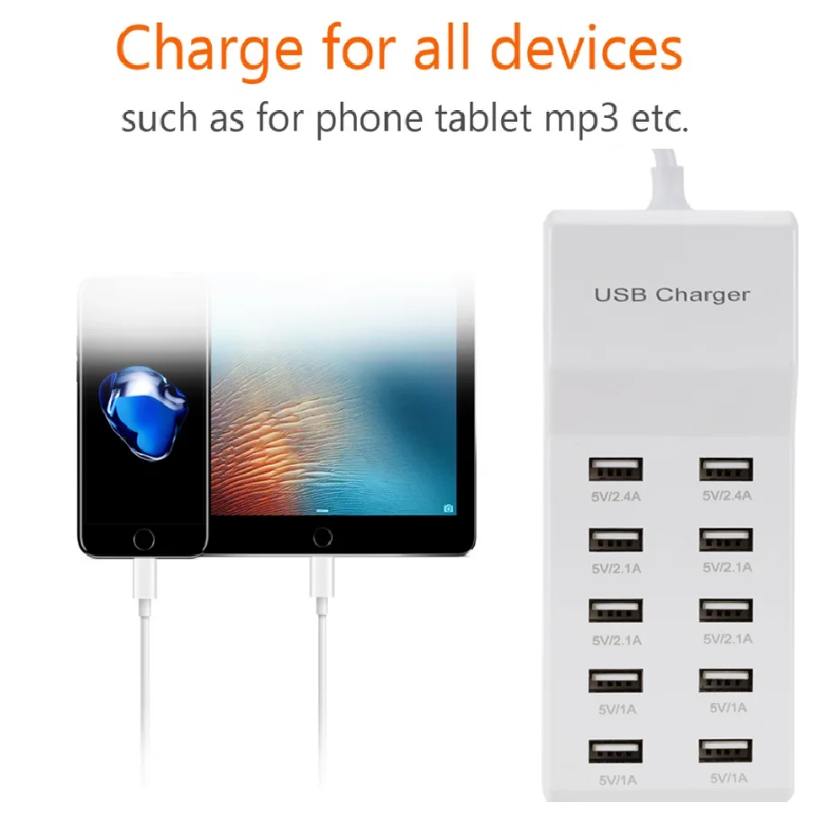 10 USB Charger Station Splitter 60W Mobile Phone Charger HUB Smart IC Charge Universal for iPhone Samsung Mp3 Tablet Etc