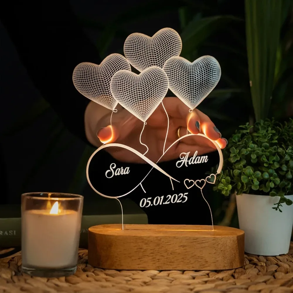 Personalized Names Date 3D Illusion Night Light Heart Balloon Custom LED Lamp For Couples Bedroom Decorative Father\'s Day Gift