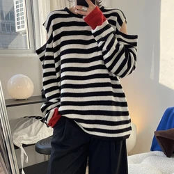 Spring and Autumn Women's Casual Striped Round Neck Long Sleeve Off-the-shoulder Loose Sweater