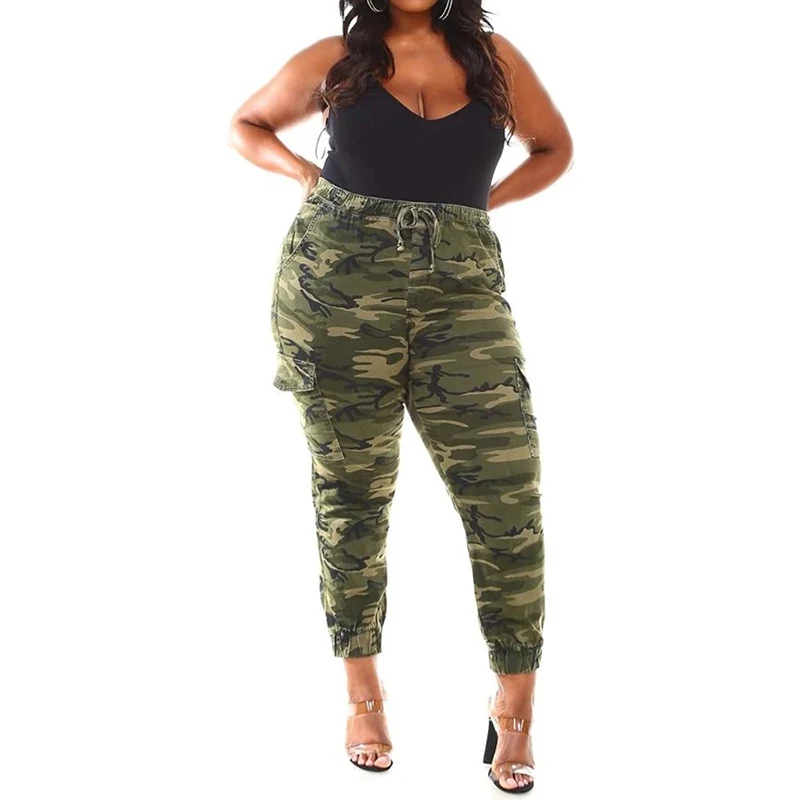 Women Plus Size Camo Multi-pocket  Pants Casual Military Army Print High Waist  Trousers Workout Wear