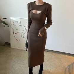 Winter Knit Maxi Dress Women Korean Fashion Two Pieces Shawl Cropped Sexy Hollow Out Bodycon Evening Party Brown Dresses Woman