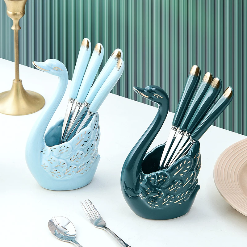 Creative Luxury Swan Ceramic Fruit Fork Spoon Holder Cake Dessert Spoon Flatware Storage Swan Shaped Base Container Cutlery Set