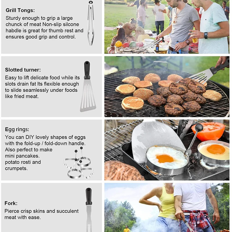 14-piece Stainless Steel Barbecue Tool Set Cooking Spatula Food Tongs Barbecue Utensils Camping Outdoor Cooking Tool Set