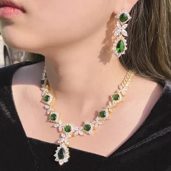 ThreeGraces Noble Design Shiny Green CZ Crystal Luxury Big Dangle Earrings Necklace Set for Women Bridal Wedding Jewelry TZ664