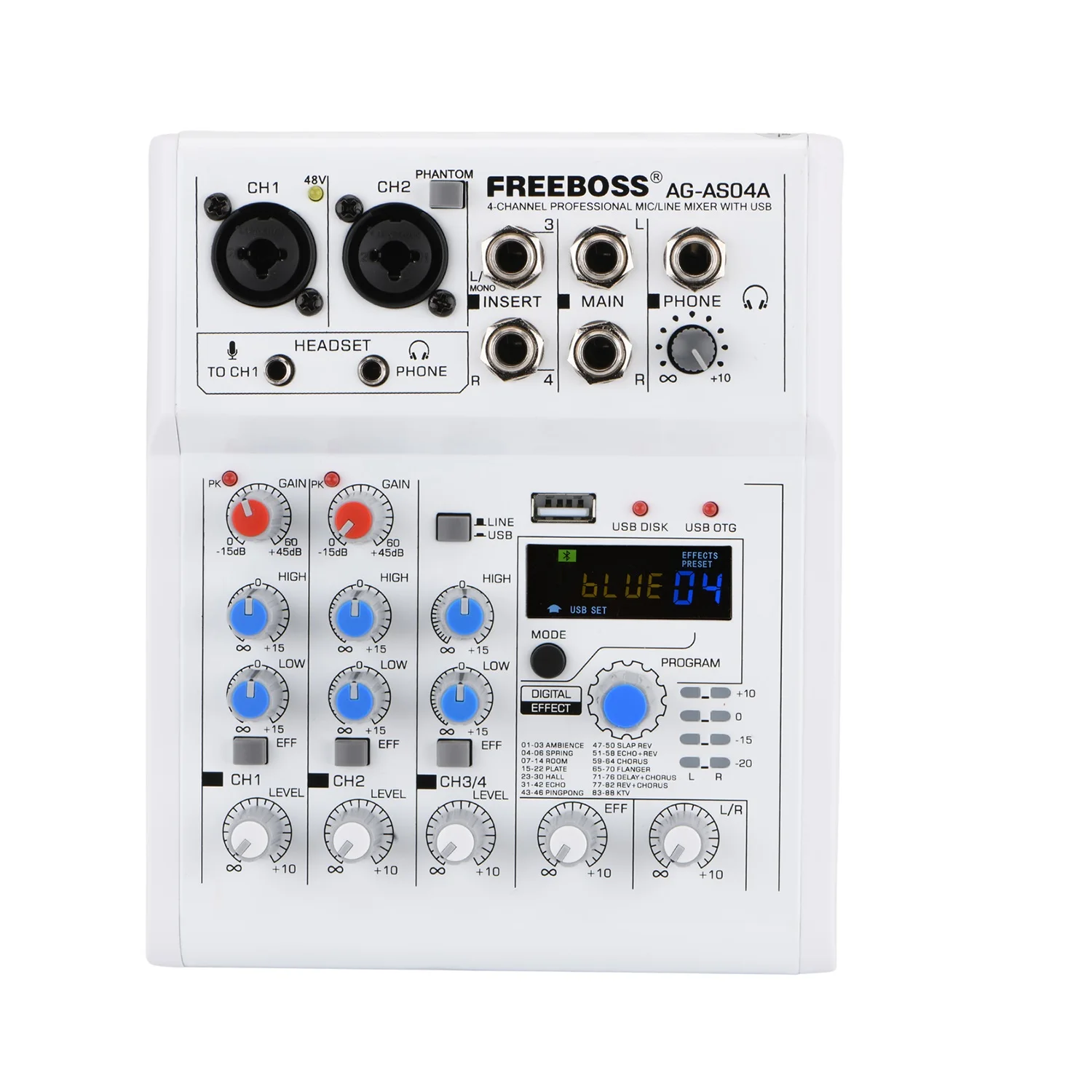 

DC 5V 88 DSP Effects Sound Mixing Console Bluetooth Mobile PC USB Record Echo Reverb 4 Channel Personal DJ Audio Mixer AG-AS04A