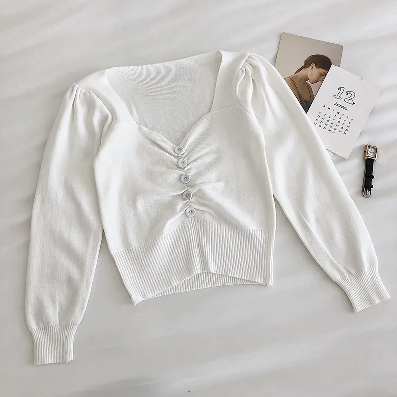 New Long-sleeved Short Female Top Women's Spring Autumn Tops Korean Style The V-neck Pleated Button Knitted Sweaters