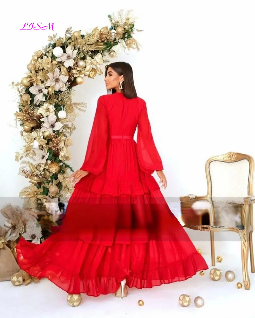 Red Long Puff Sleeves Evening Dresses V-Neck Tiered Skirt Prom Gowns Slit Chiffon Women Formal Dress 2022 Custom Made