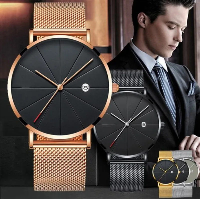 

Fashion Business Men Watches Thin Mens Watches Stainless Steel Mesh Belt Quartz Watches Luxury Rose Gold Watches Men Clock 2019