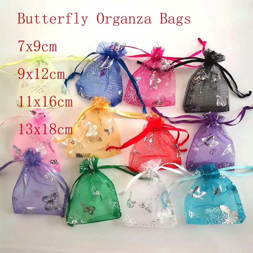 100pcs/Lot 7x9 9x12cm Moon Stars Organza Gift Pouches Butterfly Jewelry Bags Drawstring Gift Packaging Bags Christmas Gift Bags