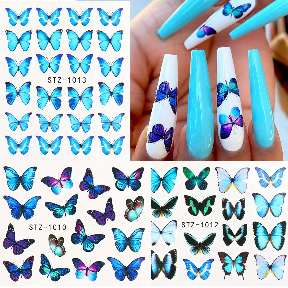 4pcs/Set Nail Butterfly Stickers Watercolor Decals Blue Flowers Sliders Wraps Manicure Summer Nail Art Decorations TRSTZ984-1017