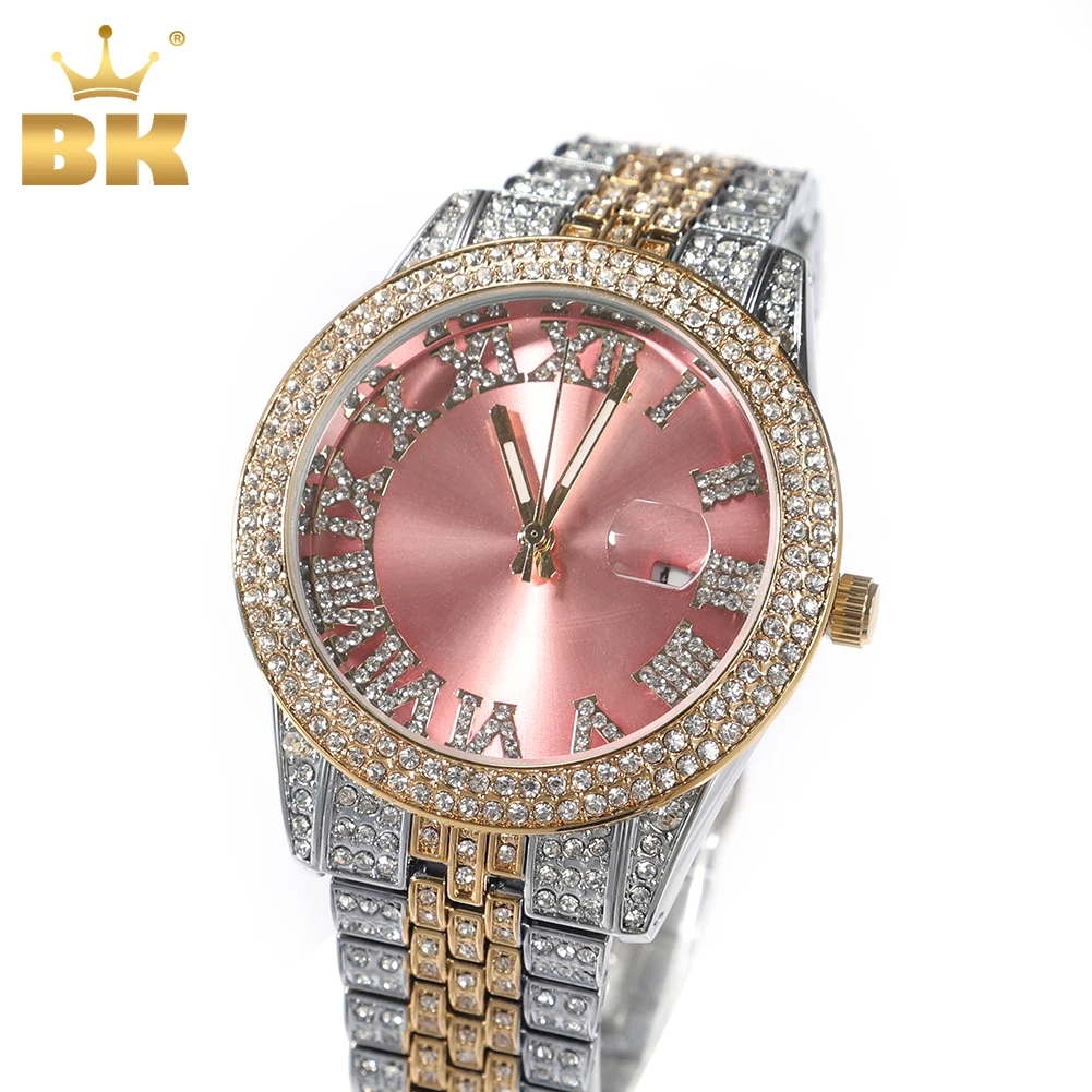 

THE BLING KING Luxury Wrist Wacth Big Pink Dial Full Iced Out Two Tone Quartz Clock Business Waterproof Watches For Men Women