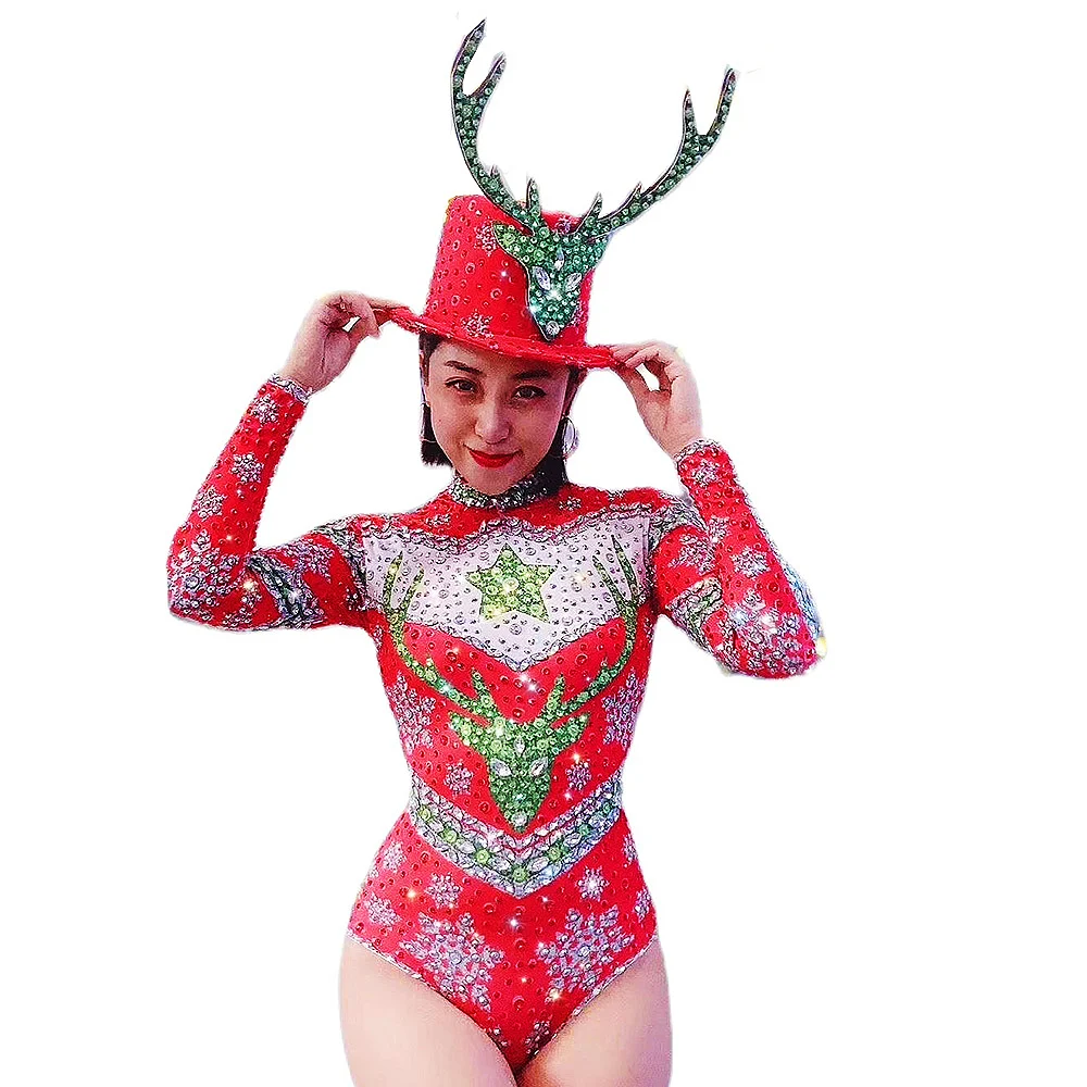 

2025 Women Elk Pattern Rhinestones Printing Bodysuits Hat Christmas Costume Nightclub Performance Dance Show Wear Stage Outfit