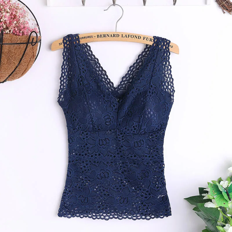 Fashion Women Sexy  Lace Flower Crop Top With Chest Pad Long V-Neck Sleeveless Solid Color Vest Tops Camisole