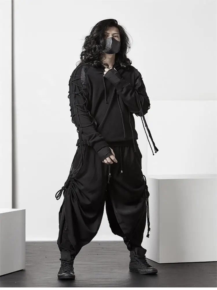 Men's Pant Skirt New Classic Dark Hair Stylist Style Personality Pull Rope Design Fashion Trend Casual Wide Leg Pants