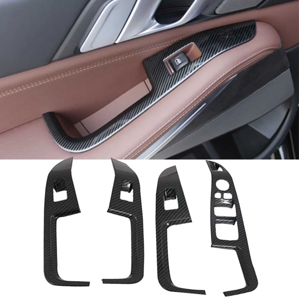 4Pcs Carbon Fiber Car Interior Window Switch Panel Cover Decoration Sticker For BMW X5 G05 X7 G07 2019 2020