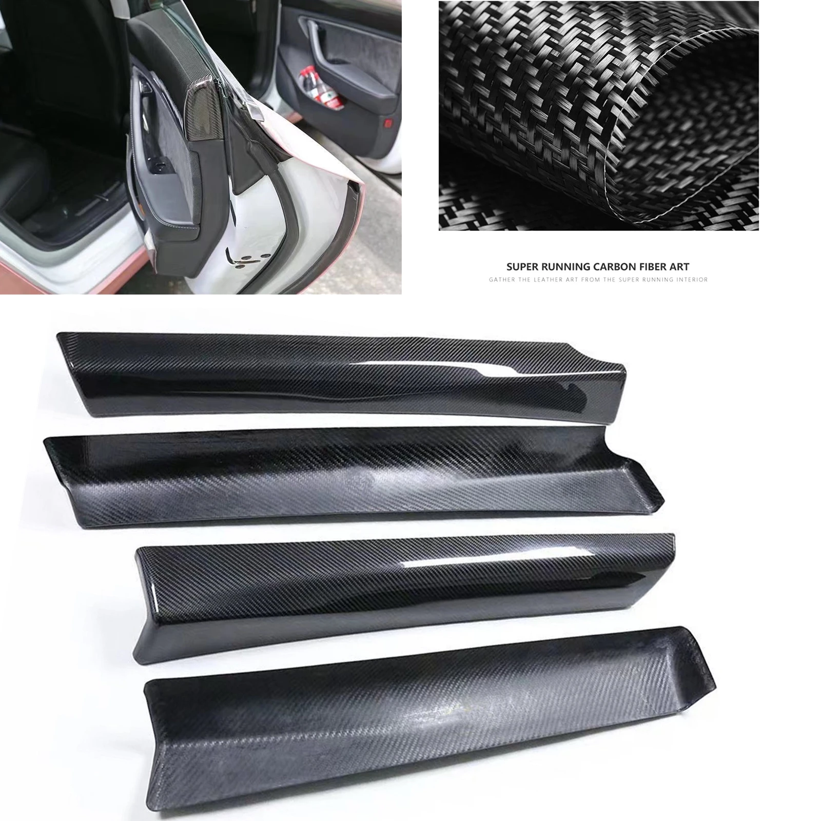 4x Car Interior Door Panel Cover Strip Trim For Tesla Model 3 2016-2020 Real Luxury Carbon Fiber Handle Board Decoration Sticker