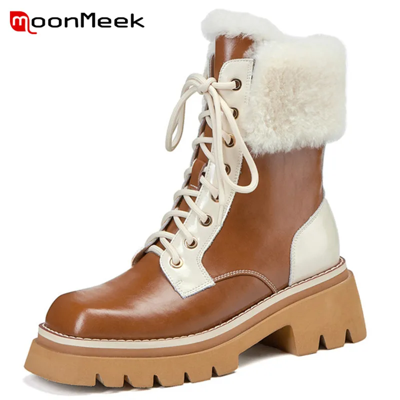 MoonMeek 2022 New Arrive Winter Snow Boots Women Genuine Leather Shoes Thick Bottom Lace Up Casual Shoes Women Ankle Boots