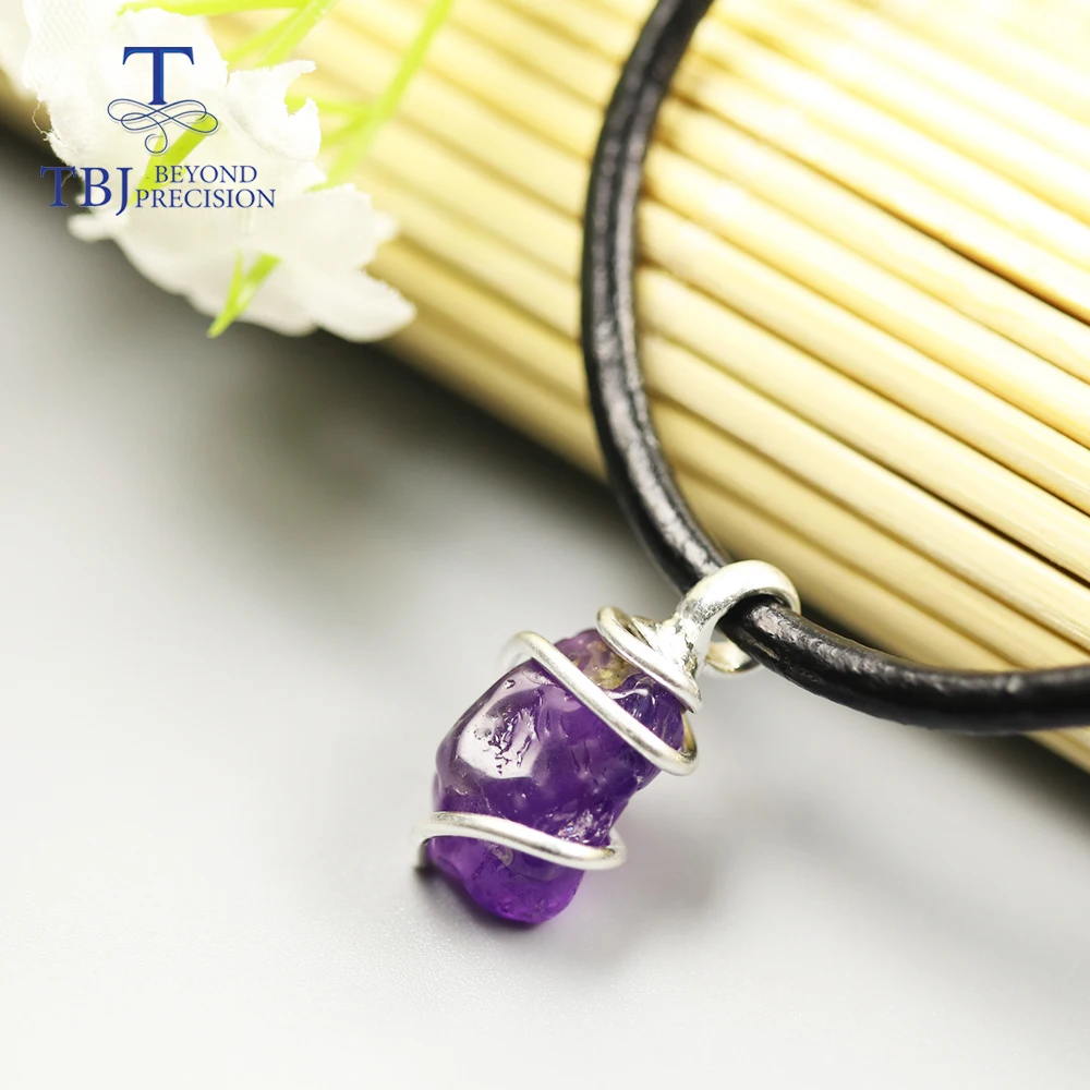 new handmade africa amethyst rough gemstone Pendant leather chord necklace 925 sterling silver fine jewelry unisex gift