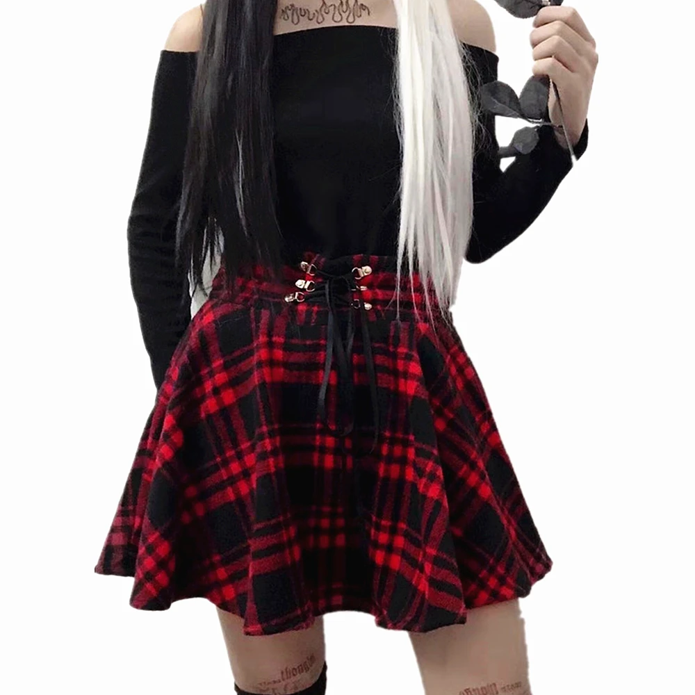 

2021 High Waist Mini Gothic Skirt Lace Up Front A-Line Checkered Harajuku Dancing Korean Style Sweat Short Punk Skirts Clubwear