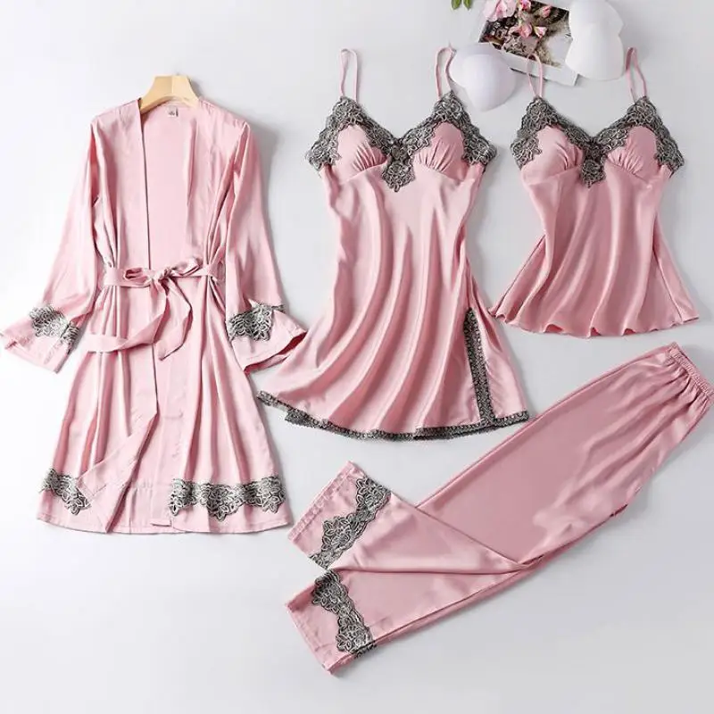 

4PCS Sleep Set Female Kimono Gown Satin Silky Nighty&Robe Suit Casual Lace Patchwork Pajamas Nightgown Sleepwear Sexy Pyjamas