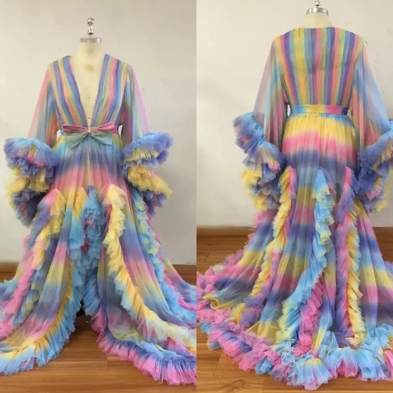 Colorful Rainbow Tulle Maternity Robes Sexy Sheer Ruffled Pleated Dresses Women Photo Shoot Custom Made Plus Size Nightdress