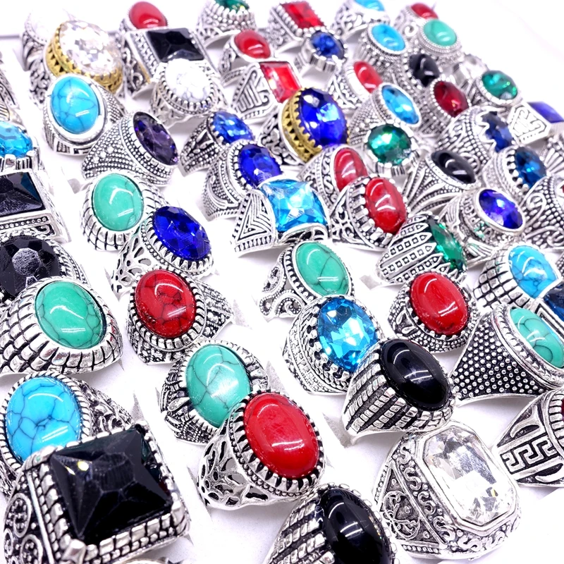 Wholesale 100PCs Vintage Jewelry Antique Rings For Men Women Silver Plated Stone Ring Carved Flowers Mix Style Party Gift