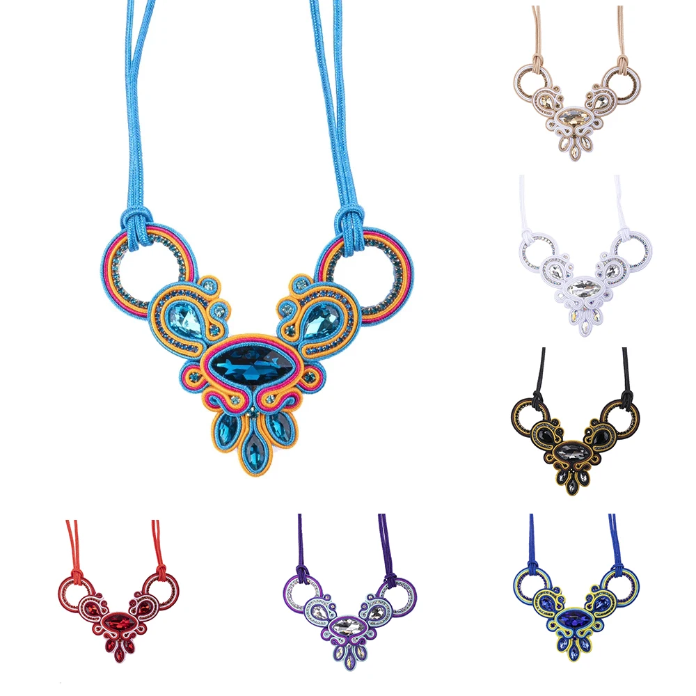 

Soutache weaving necklaces for women Ethnic boho Sutasz jewelry Handmade Large Pendant Choker Crystals multicolor Accessories