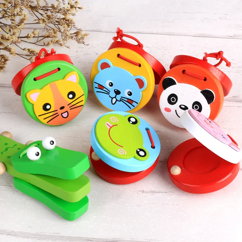 Kids Cartoon Wooden Castanets Music Instruments Baby Clapper Handle Musical Instruments Toys Educational Toys For Children